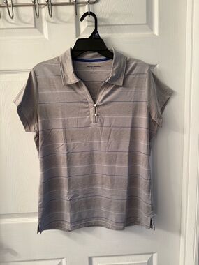 Tommy Bahama Women's Light Gray Striped Polo Button-Down Top